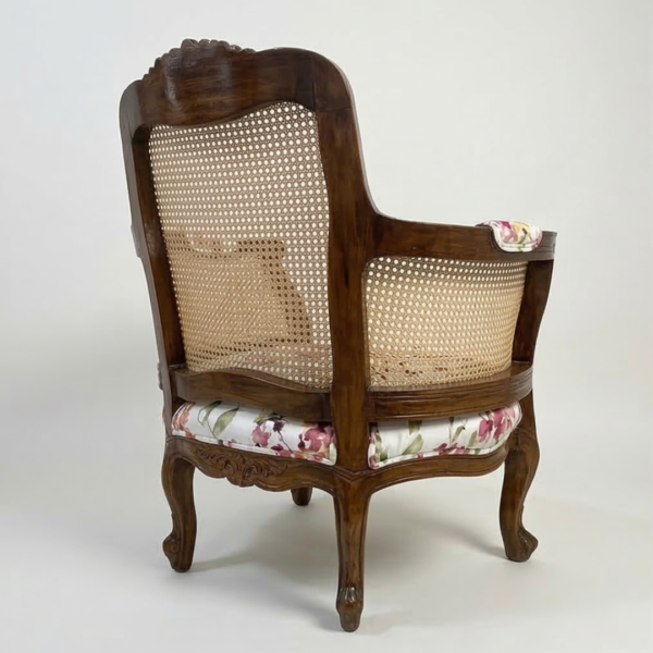 wooden lounge chair with cane and fabric seat - Image 5