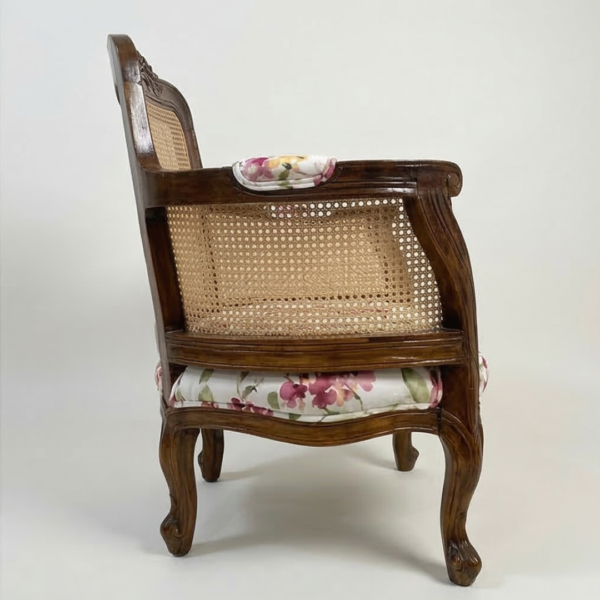 wooden lounge chair with cane and fabric seat - Image 4