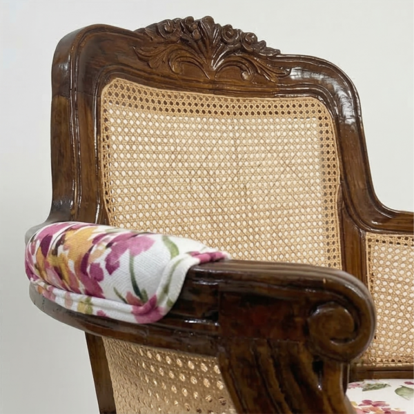 wooden lounge chair with cane and fabric seat - Image 6