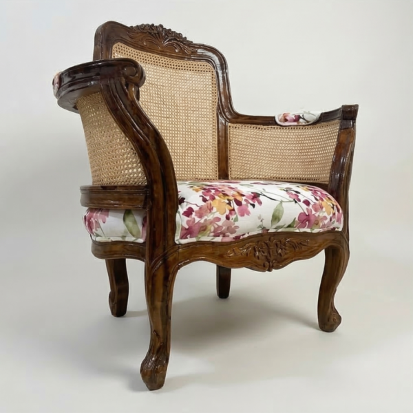 wooden lounge chair with cane and fabric seat - Image 3